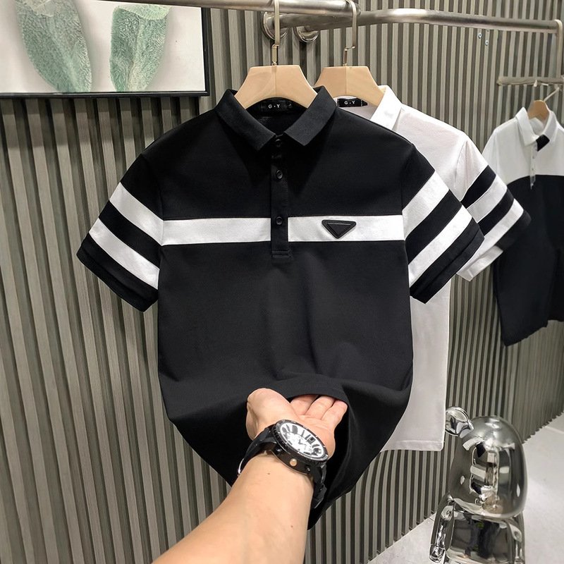 2025 New Black and White Striped Short-sleeved T-shirt Polo Shirt Men's Lapel Light Luxury Trendy Brand Plagi Handsome All-match Top