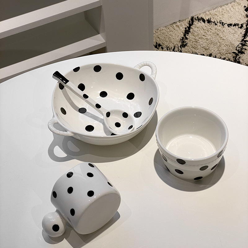 Shawn Black Polka Dot Audrey Hepburn Classic European Ceramic Plate Bowl Tableware Home Use Dual-Ear Bowl Cups One-Person Eating Set