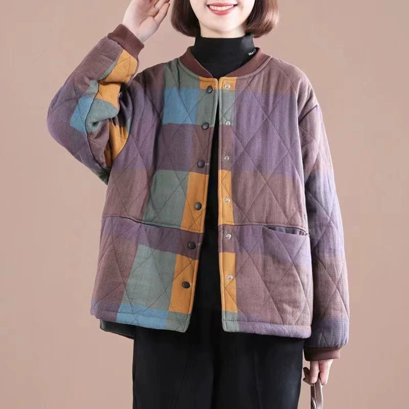 Хлопчатобумажная куртка женская осень-зима свободная тонкая маленькая хлопчатобумажная одежда большого размера повседневная клетчатая куртка новый ретро топ хлопчатобумажная одежда