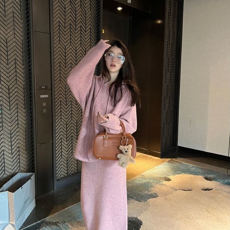 慵懒风针织套装裙女秋冬新款宽松休闲连帽毛衣九分裤裙时尚两件套|undefined