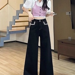 黑色阔腿牛仔裤女2025春夏新款高腰显瘦宽松蕾丝花边不贴腿喇叭裤