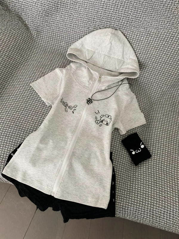日本のレトロな猫耳フード付き半袖Tシャツレディース夏スリムカレッジスタイルスリムで多用途なトップジャケットトレンディ|undefined
