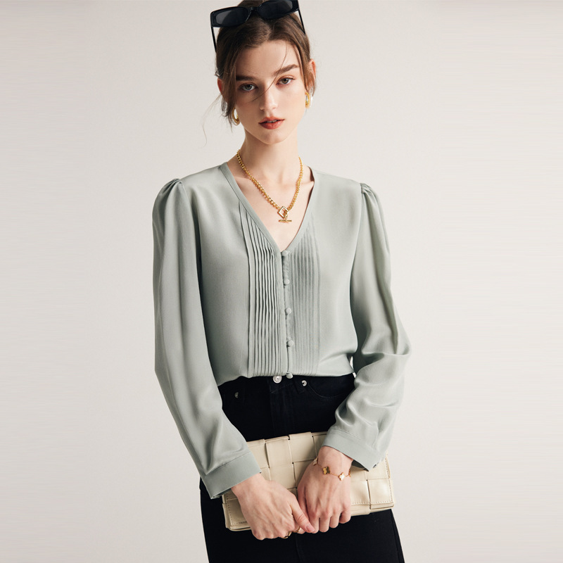 Silk Shirt for Women 2026 Spring and Summer New Style V-Neck Commuter Long-Sleeved White 03 Crepe 100% Mulberry Silk Shirt