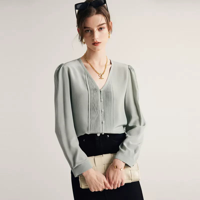 真丝衬衫女2026春夏新款V领通勤长袖白色03双绉100%桑蚕丝衬衣