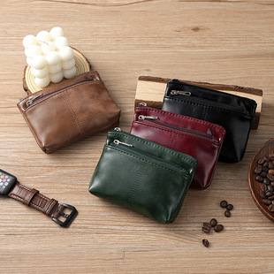 Handmade Genuine Soft Leather Small Coin Purse, Business Card Holder, Cowhide Feel, Simple Zipper Driver's License Bag, Bus Card Key Bag