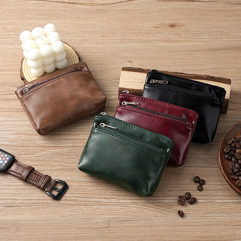 Handmade Genuine Soft Leather Small Coin Purse, Business Card Holder, Cowhide Feel, Simple Zipper Driver's License Bag, Bus Card Key Bag