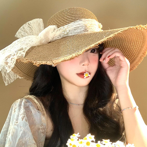 New sun protection high-end straw hat big brim lace bow women's sun hat summer outdoor beach hat