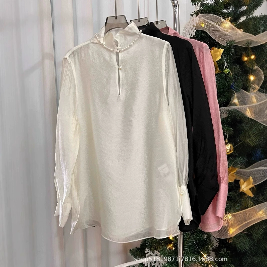 Ранняя весна 2025 новый новый китайский стиль стоящий воротник дикий нишевой дизайн с длинными рукавами ретро Tang женская рубашка топ