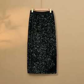 女黑色长裙春秋半裙闪爆款亮片半身裙流行丝绒亮开衩高腰