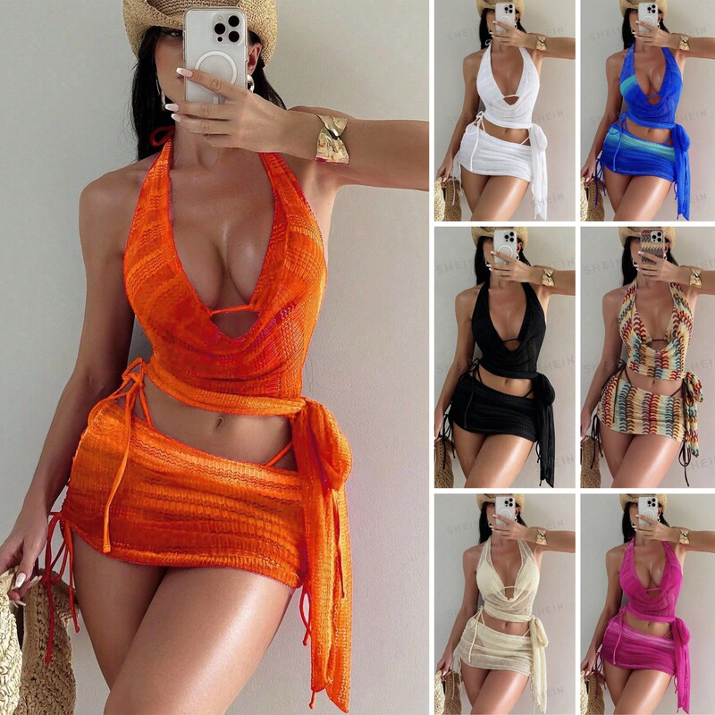 New Sexy Halterneck Swimsuit for Women, Cut Out Lace-Up Bikini Cover-Up, Short Skirt, Four-Piece Vacation Beach Swimsuit New Sexy Halterneck Swimsuit for Women, Cut Out Lace-Up Bikini Cover-Up, Short Skirt, Four-Piece Vacation Beach Swimsuit