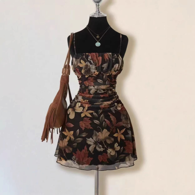 Cross-Border Foreign Trade Women's Clothing Retro Maple Leaf Print Ruffle Edge Valentine's Day/Wedding Season/Vacation/Back-To-School Dress