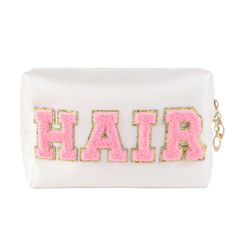 Amazon parche carta maquillaje bolsa con Rosa chenille letras PU cuero impermeable bolsa de cosméticos