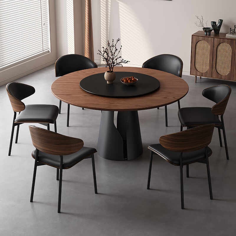 2026 New Round Solid Wood Dining Table and Chairs, Antique Style Living Room, Retro Black Walnut Small Apartment Round Dining Table