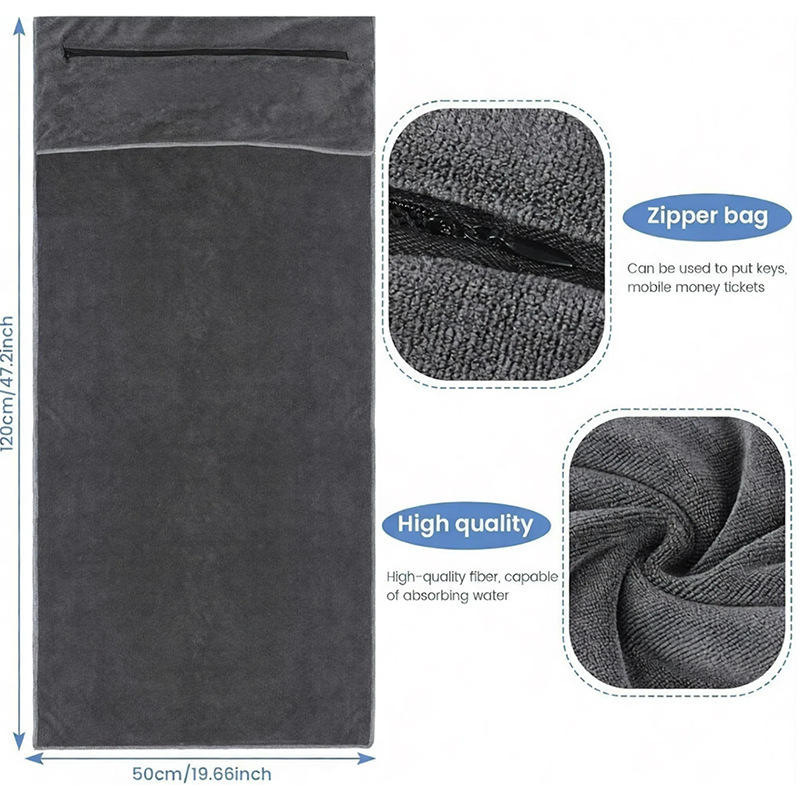 Microfiber gym towel with zippered pocket, super absorbent and non-slip, suitable for fitness and yoga