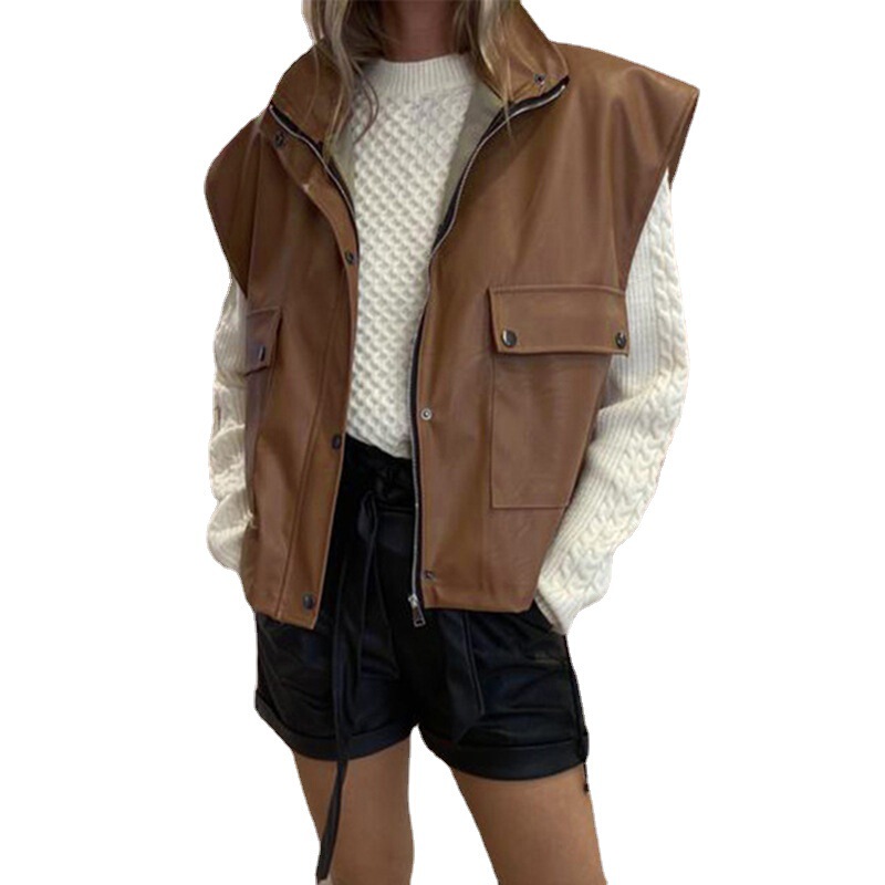 Cross-Border European and American Style Autumn Sleeveless Pu Leather Jacket, Loose Leather Vest, Biker Jacket, European and American Style