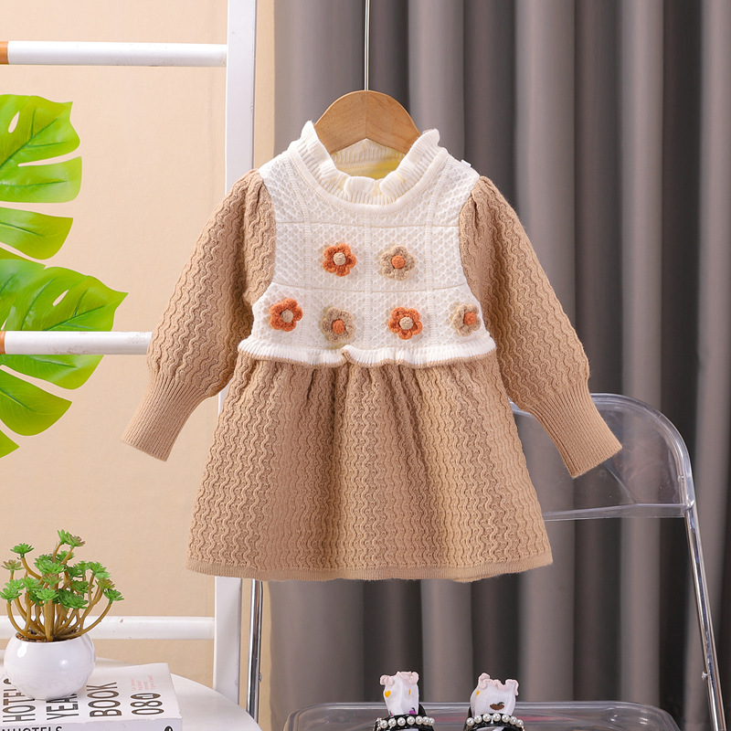 Niñas vestidos de suéter de otoño 2024 nuevas chicas falsas falda de dos piezas primavera y otoño bebé vestido de princesa de punto de moda