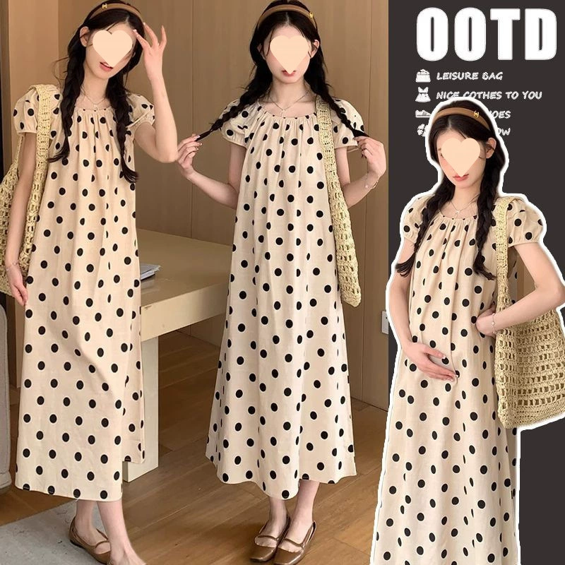 Летнее платье в горошек для беременных, новинка 2024 года, свободная утягивающая летняя юбка с короткими рукавами, летняя юбка средней длины