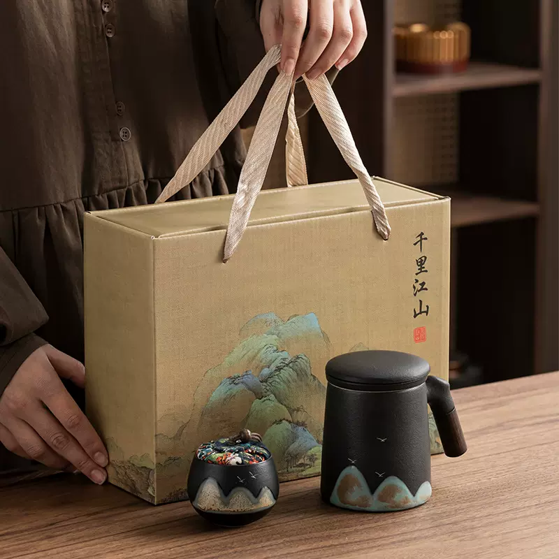 国潮陶瓷办公杯水杯万里江山手绘泡茶杯茶水分离过滤茶杯商务礼品