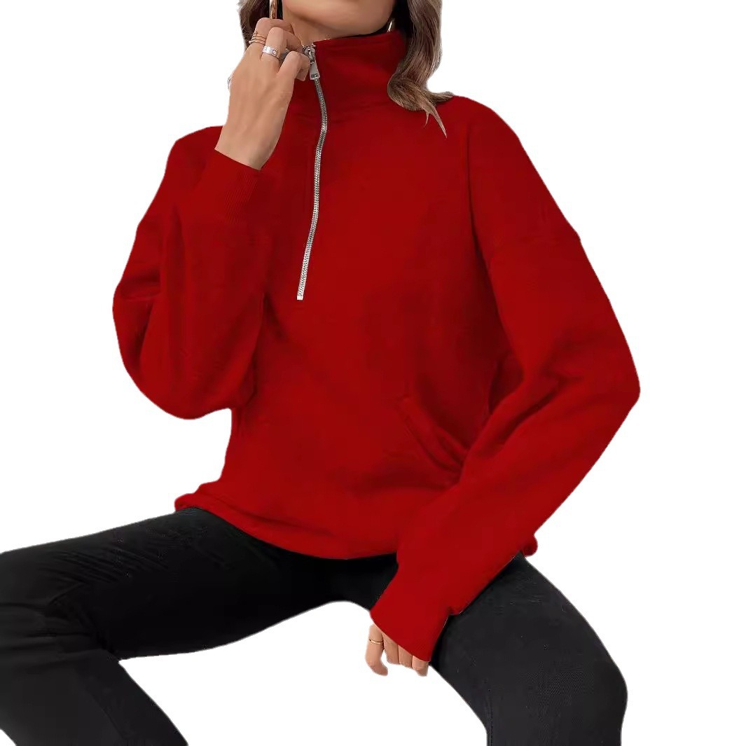 Women's Clothing 2024 autumn and winter new fashion zipper lapel solid color casual T shirt for women_voghion.com