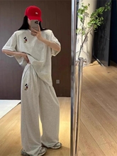大码卡通刺绣短袖T恤套装女胖mm2-300斤阔腿长裤休闲运动两件套夏