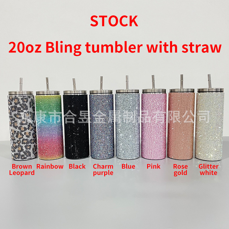 Bling rhinestone taladro 20oz vacío aislado paja de acero inoxidable taza café cuerpo recto adelgazamiento taza