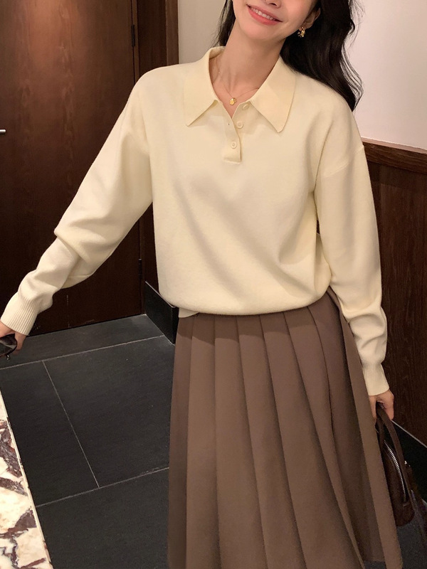 pusunede 慵懒基因 polo领套头毛衣女春秋宽松慵懒长袖针织衫上衣|undefined