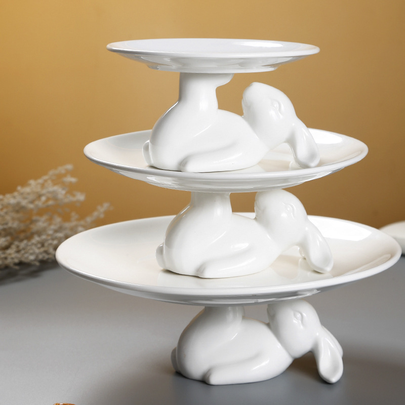 European-style pure white cake tray ceramic Rabbit plate afternoon tea snack rack dessert plate household snack plate fruit plate European-style pure white cake tray ceramic Rabbit plate afternoon tea snack rack dessert plate household snack plate fruit plate