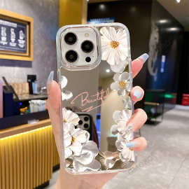 油画花朵苹果17promax手机壳带镜子16pro跨境iphone15p手机保护套