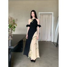 实拍现货新中式国风书法拼色连衣裙盘扣旗袍裙女