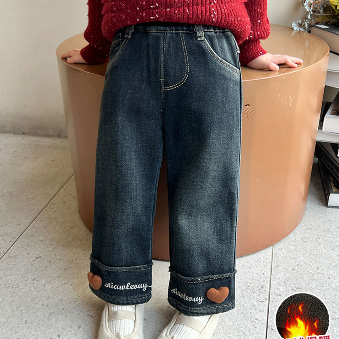 Niñas con jeans de peluche otoño y invierno nuevos pantalones de piernas anchas de estilo extranjero para niños con pantalones casuales rectos
