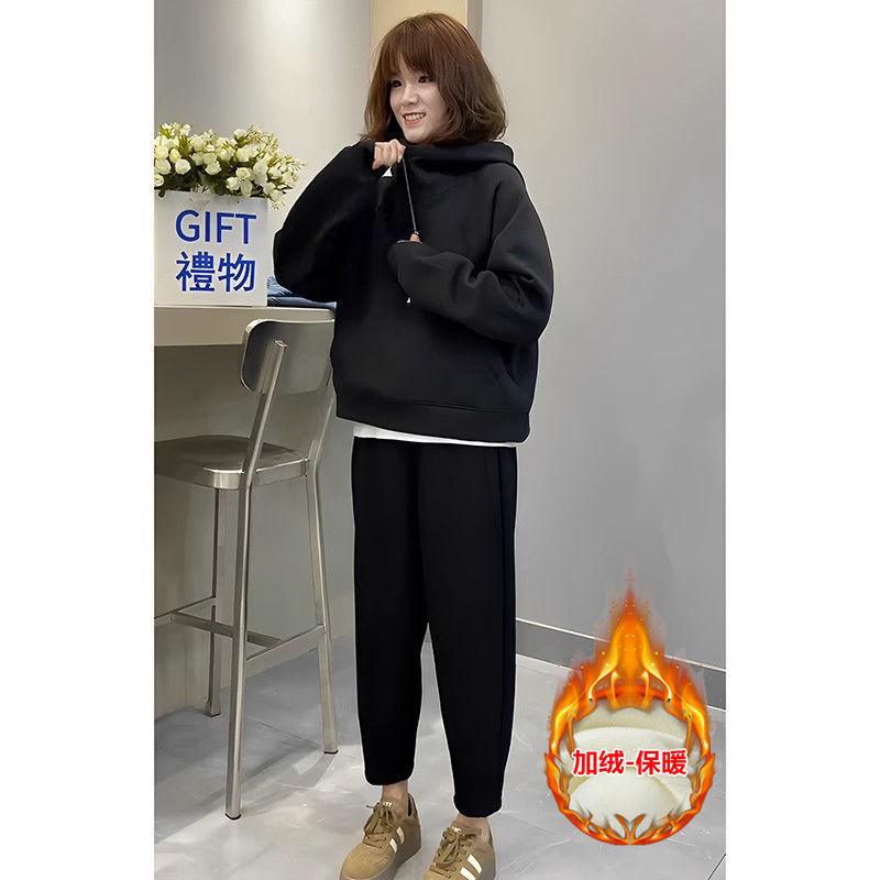 加绒加厚运动套装女秋冬季新款时尚连帽卫衣休闲时尚两件套|undefined