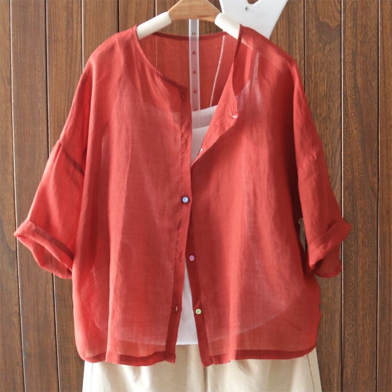 Cross-border Loose plus size Cardigan Fashionable Summer Color Button All-match Half-sleeve Thin Shirt Women's Small Shirt