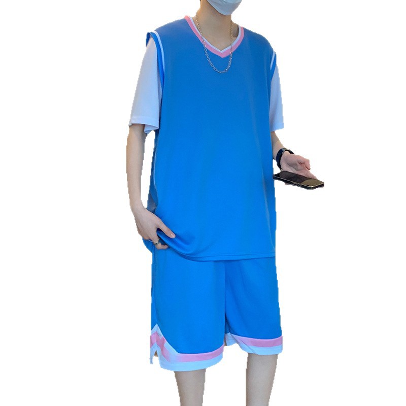 Verano falso de dos piezas juego de mangas cortas de baloncesto deportivo de estilo masculino con un conjunto de ropa de entrenamiento de jóvenes transpirables rápidamente secos
