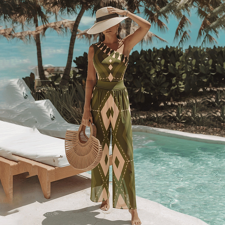 Women's One Piece Swimsuit Halter Neck Backless Printed Beachwear_voghion.com