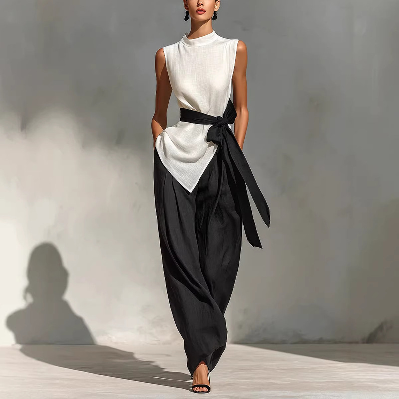 2026 New Cross-Border Independent Fashion Platform European and American Women's Fashion Tie-Waist Sleeveless Stylish Elegant Top + Wide-Leg Pants Two-Piece Set 2026 New Cross-Border Independent Fashion Platform European and American Women's Fashion Tie-Waist Sleeveless Stylish Elegant Top + Wide-Leg Pants Two-Piece Set