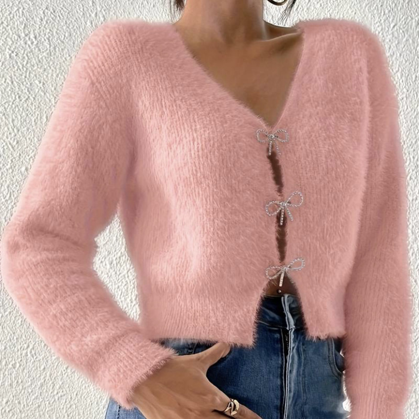 Cardigan grande de vison sintético com decote em V – mistura de acrílico felpudo com punhos canelados (P-GG, rosa/vermelho de inverno, essencial para o estilo boho streetwear)_voghion.com