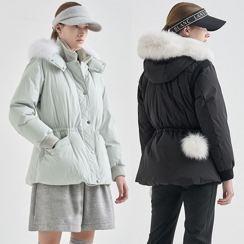 New Original Golf Clothing for Women, Autumn and Winter Hooded Fur Collar Waist-Cinching Goose down Warm Windproof down Jacket