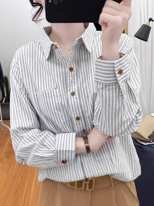 纯棉条纹长袖衬衫女春秋新款小个子宽松复古上衣显瘦防晒打底衬衣|undefined
