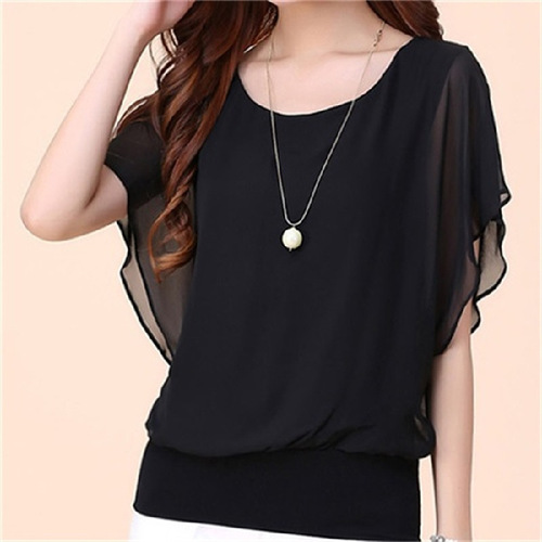 Chiffon shirt women's short-sleeved 2023 new summer large size temperament round neck high-end bat sleeve top women's foreign trade