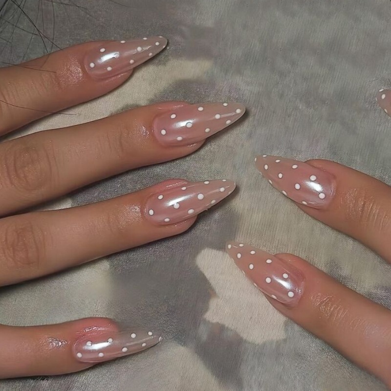 24 Pieces of Polka Dot Press-On Nails, Flesh Pink Almond-Shaped Nails, Glossy Uv-Coated Nail Tips