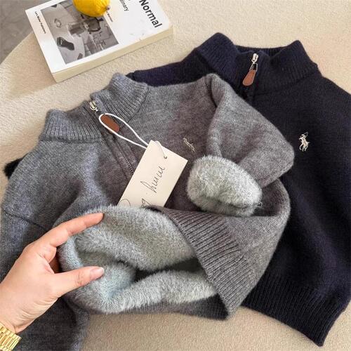 One-piece plush children's sweater, thick autumn and winter medium and large children's half-zip sweater jacket, New Year children's clothing
