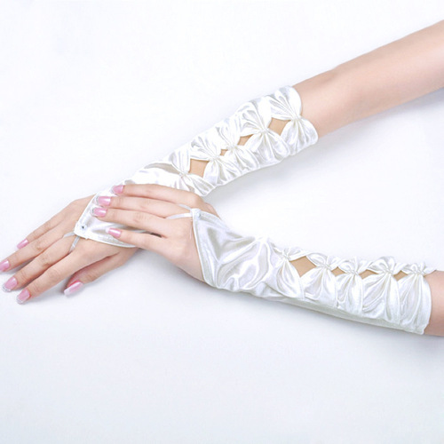 Hook Finger Bridal Wedding Gloves Fingerless Butterfly Beads Hollow Women's Wedding Long Satin Sleeves White Off-White