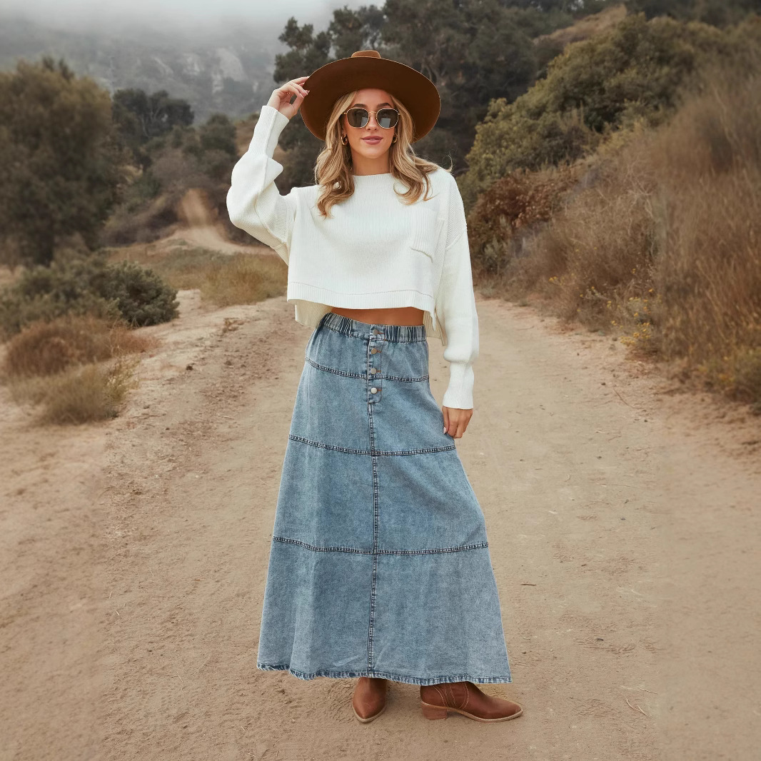 Denim Skirt For Women, A-line Layered Design With Splicing_voghion.com