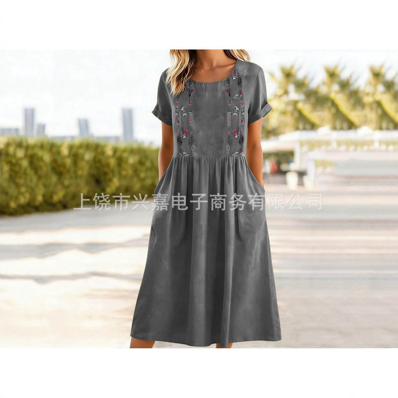 Summer New Style Gray Floral Print Round Neck Short-Sleeved Waist-Cinching Mid-Length Dress Women's Casual A-Line Skirt