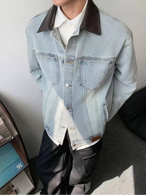 美式水洗拼接牛仔外套男秋季潮牌设计感街头痞帅宽松廓形工装夹克|undefined