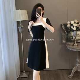 法式连衣裙收腰显瘦拼接夏裙子新款设计感小众黑白气质拼色打底裙
