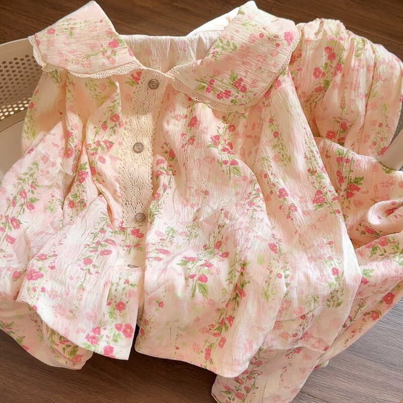 Monet Garden Lace Doll Collar Floral Pajamas for Women Spring and Autumn Bubble Cotton Long-Sleeved Long Pants Student Suit Home Wear Monet Garden Lace Doll Collar Floral Pajamas for Women Spring and Autumn Bubble Cotton Long-Sleeved Long Pants Student Suit Home Wear