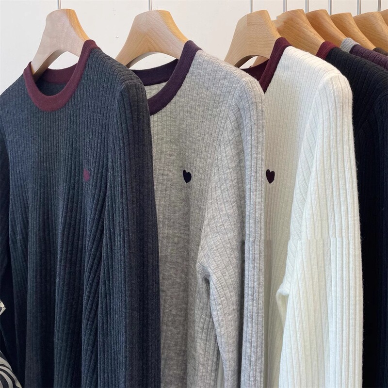 Muyang Long Sleeves Are Here~ 32.8% Sheep Wool Contrasting Collar Heart Pit Strips Slimming Look Knitwear Women's Knitwear Muyang Long Sleeves Are Here~ 32.8% Sheep Wool Contrasting Collar Heart Pit Strips Slimming Look Knitwear Women's Knitwear