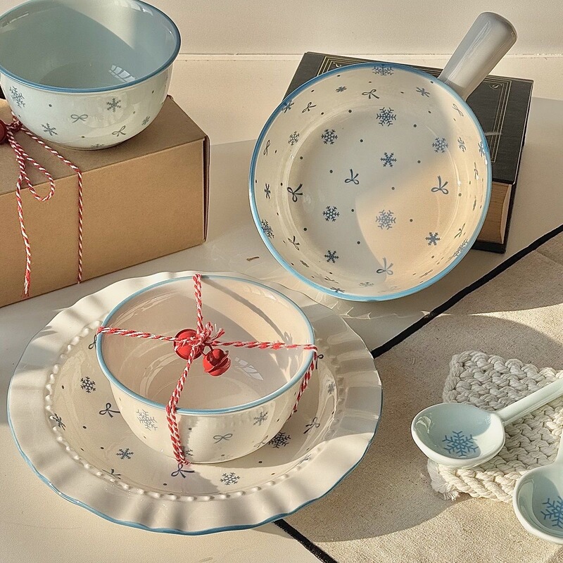 [First Snow] New High Temperature Underglaze Color Ceramic Tableware suit ins Style Milk Blue Simple Household Bowl