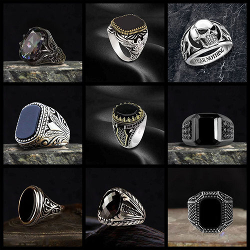 Cross-border totem pattern zircon ring men punk dark cool European and American style rings popular retro accessories wholesale 
